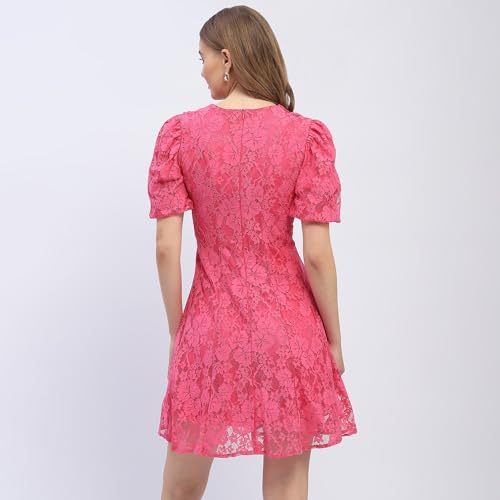Madame Puff Sleeve Pink Lace A-Line Dress