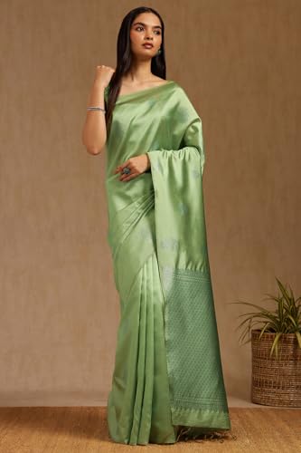 Soch Womens Sap Green Tussar Woven Design Saree