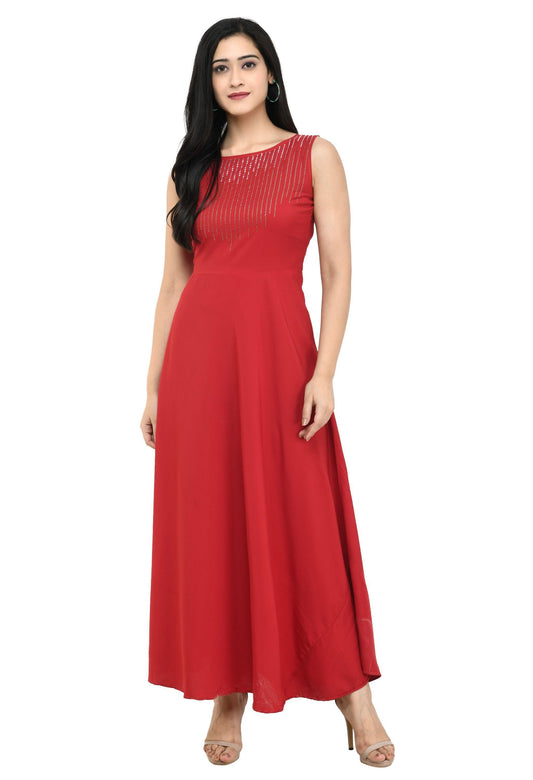Oceanista Women's Crepe Embellished Partywear Red Maxi Dress
