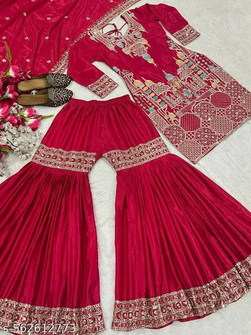 Bold in Red| Designer Sharara Suit Set for Wedding & Party Looks