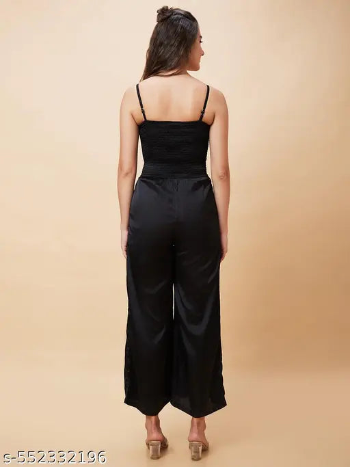 Globus Women Black Solid Smocked Strappy Party Jumpsuit