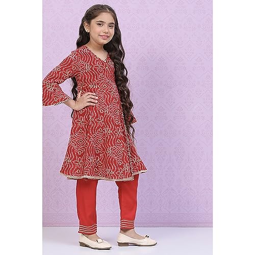 BIBA Rayon Girl Printed Straight Kid Kurta Pant With Dupatta Set (Kw4852_Red_13)