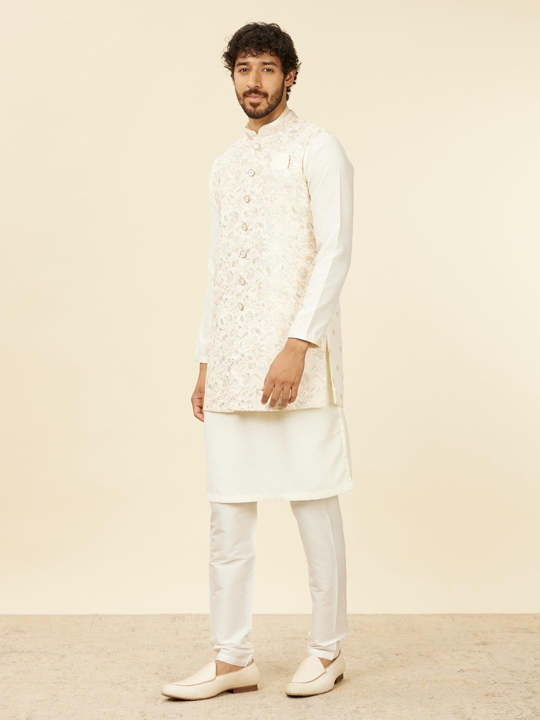 Manyavar Men's Satin Embroidered Kurta Jacket Pyjama Set (3pcs)