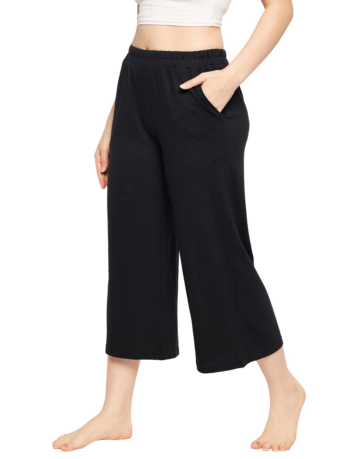 Clovia Women's Cotton Chic Basic Flared Capri with Pocket (LB0182P13_Black_XL)