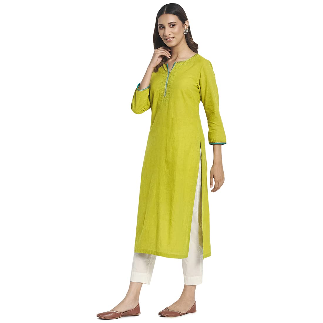 Fabindia Women Cotton Embroidered Long Kurta Green_XS