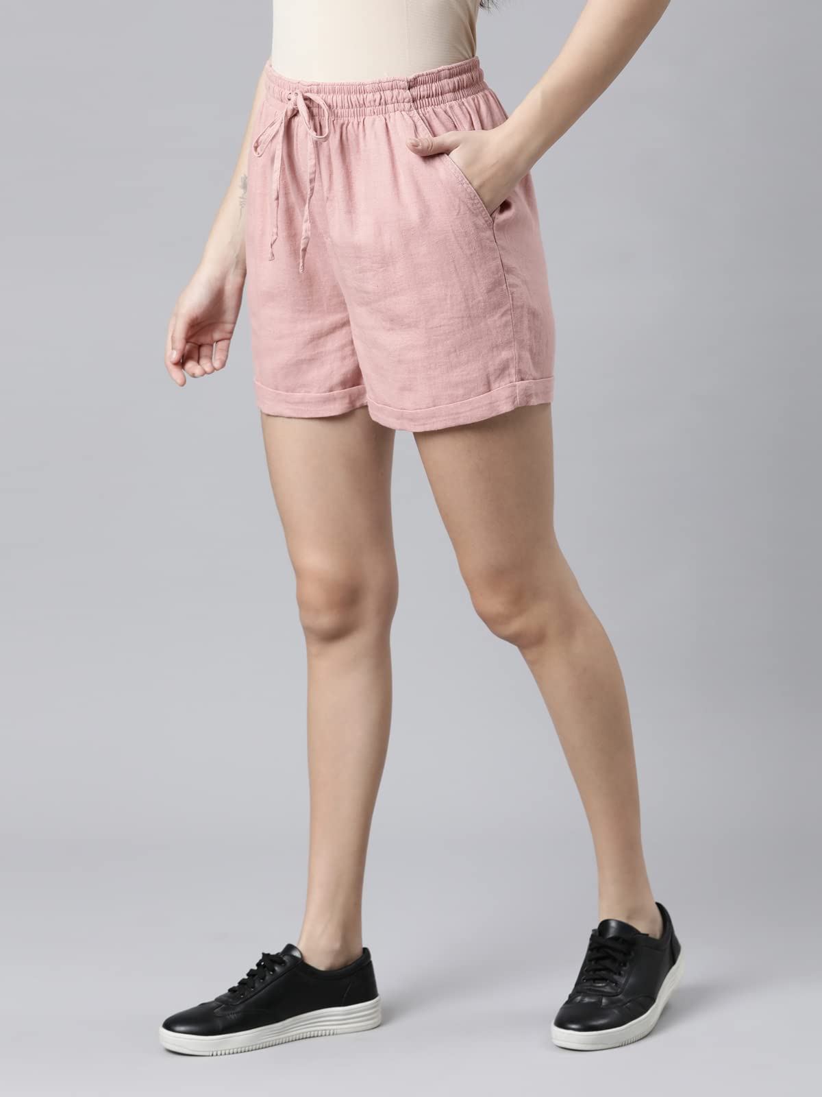 GO COLORS Women Medium Pinks High Rise Solid Linen Linen Shorts - L