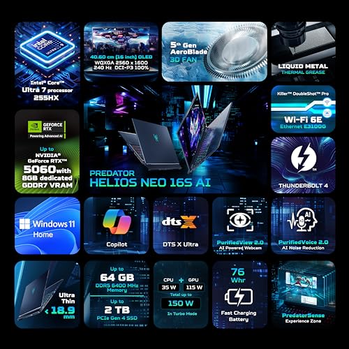 acer Predator Helios Neo16S AI, Intel Ultra 7 255HX Processor,RTX 5060-8 GB GDDR7,16 GB/1 TB, WQXGA OLED, 16.0"/40.64 cm, 240Hz, Win 11 Home,Abyssal Black,2.3 kg,PHN16S-71,RGB KB,Gaming Laptop