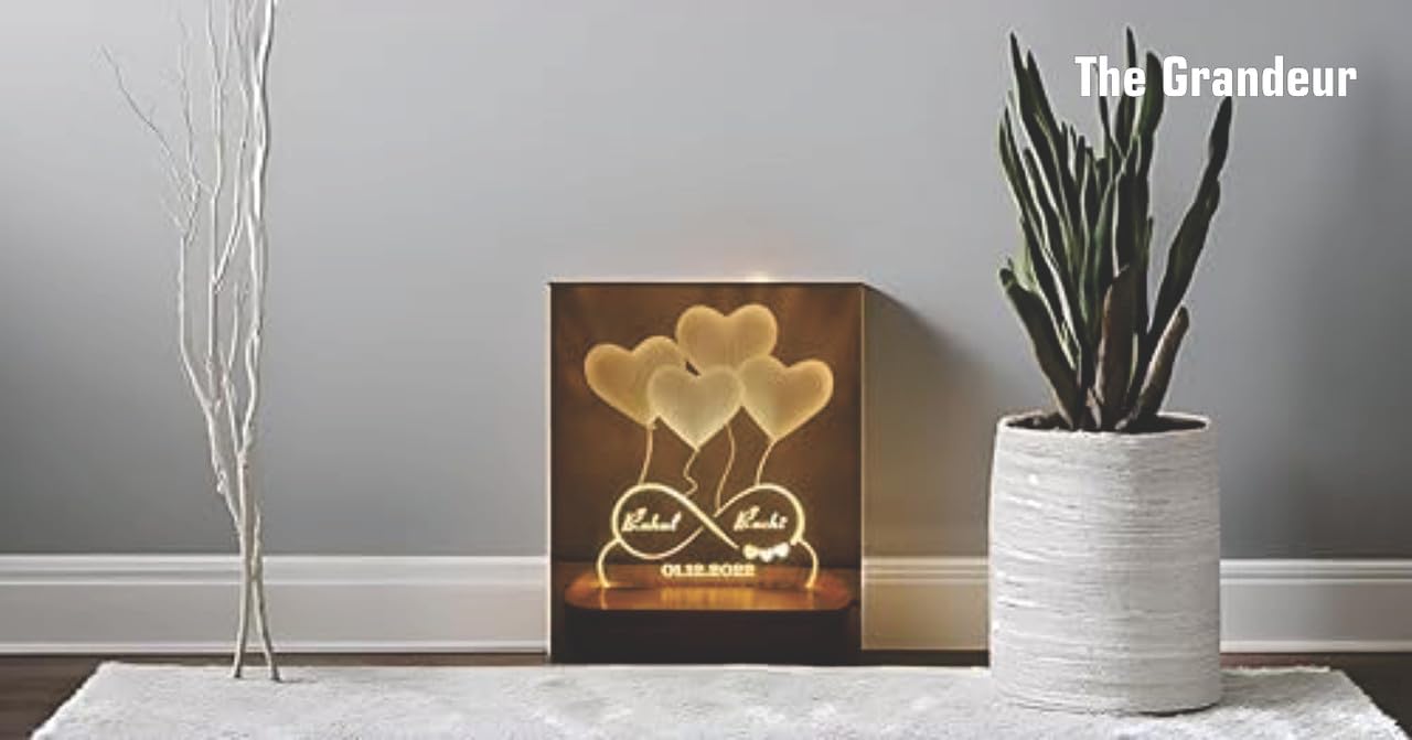 THE GRANDEUR 3D Illusion LED Lamp | Warm White (8x6 Inch) | Customized Name, Date | Best Gift for Wedding, Anniversary, Birthday, Valentine's Day for Husband Wife Couple Girlfriend Boyfriend