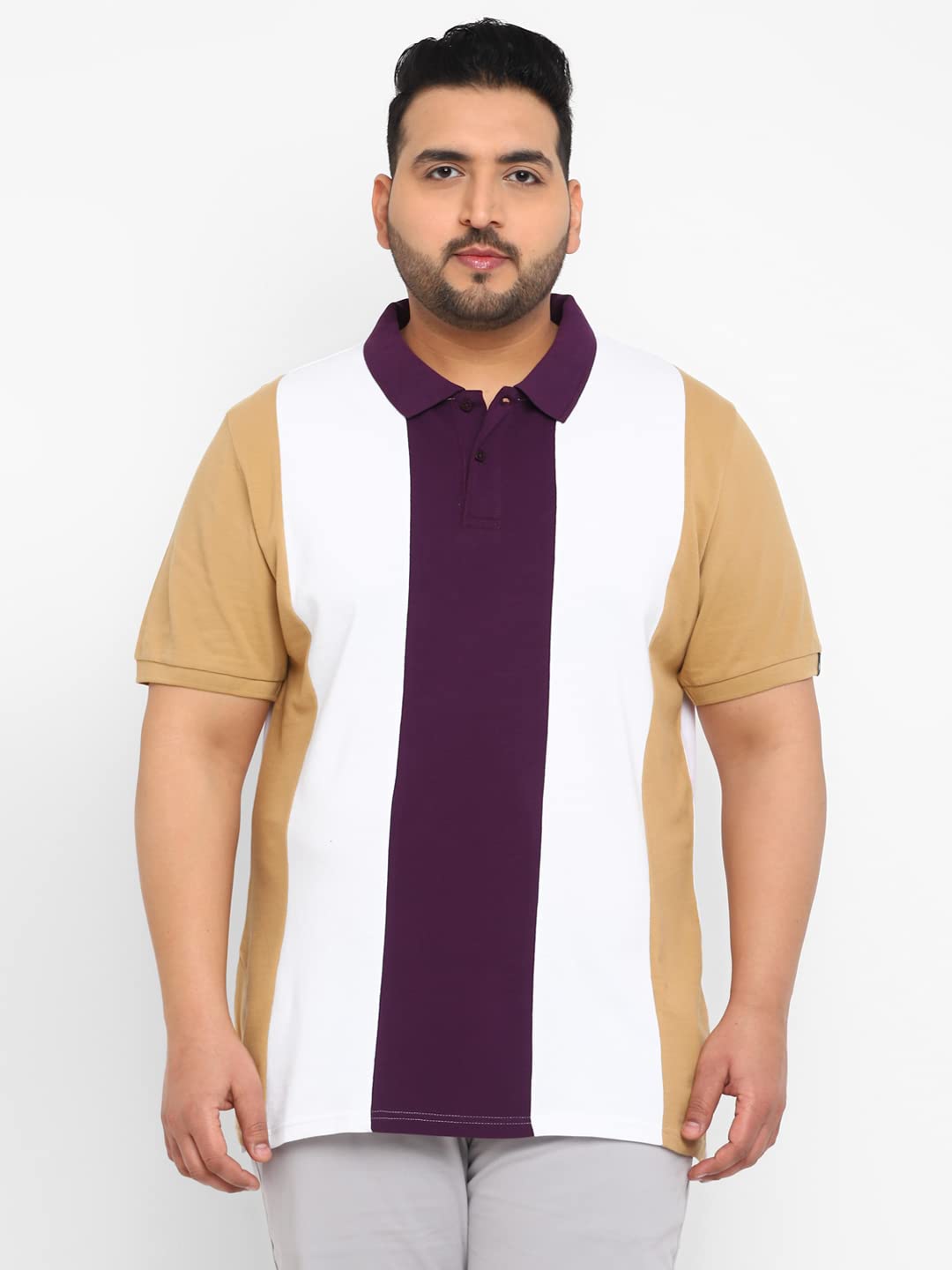 Urbano Plus Men's Off White, Purple, Khaki Colour-Block Regular Fit Half Sleeve Cotton Polo T-Shirt (pluspolocbp-008-ofwhipurkha)