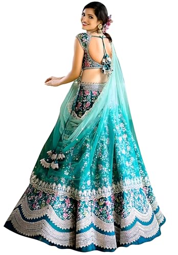 TRENDMALLS Women's Satin Embroidery Lehenga Choli With Dupatta (L57-Turquoise, Semi stitched)
