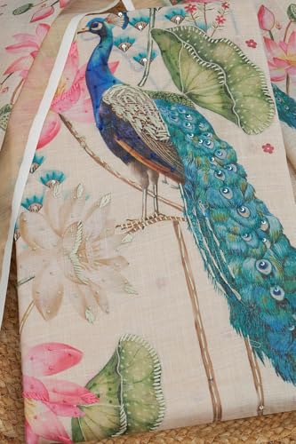 Soch Womens Beige Linen Shimmer Botanical Print Unstitch Dress Material With Sequins