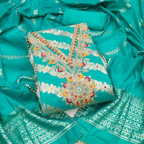 Leeli Peeri Designer Women's Banarasi Jacquard Embroidery Work Unstitched Salwar Suit Dress Material