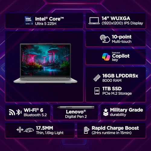 Lenovo IdeaPad 5 2-in-1 Intel Core Ultra 5 225H (16GB RAM/1TB SSD/14 (35.5cm)/WUXGA IPS/AI PC/Windows 11/Office Home 2024/Lenovo Digital Pen 2/1Yr ADP/Grey/1.6Kg), 83KR000HIN Convertible Laptop