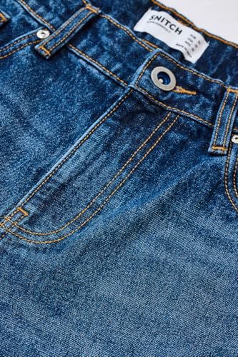 SNITCH Men Casual Jeans | Loose Fit Blue Mid Rise Stone-Wash Design | 100% Cotton Smooth Texture & Durable Stitching for Everyday Comfort & Style