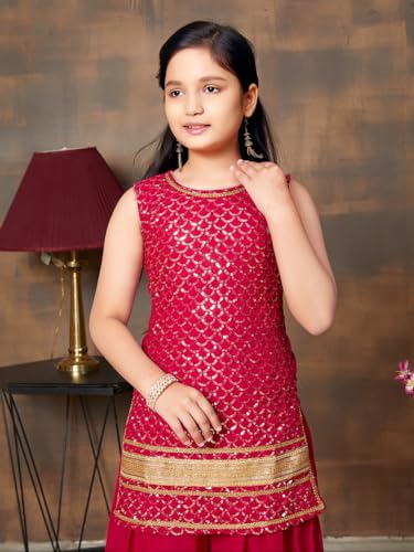 Aarika Girls Ethnic Wear Rani Colour Sequin Embroidery Lace Work Georgette Kurti Patiala Set (10-15 Years)