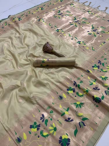 Pandadi Saree Women's Paithani Paithani Silk Saree With Blouse Piece (371PS22_Beige)