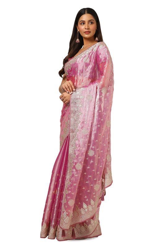 Soch Womens Onion Pink Organza Embroidered Saree With Stone Work