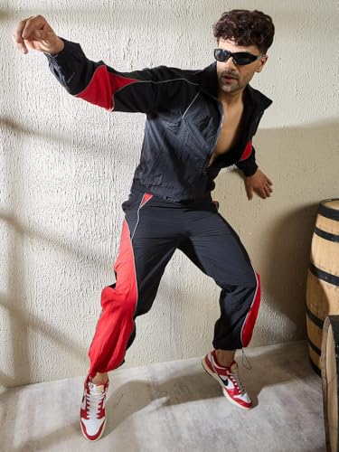 FUGAZEE Black & Red Crinkle Windbreaker Jacket for Men | Reflective Piping | Turtle Neck | Zipped Closure | Lightweight Polyester | Stylish Cut & Sew Design - XXL