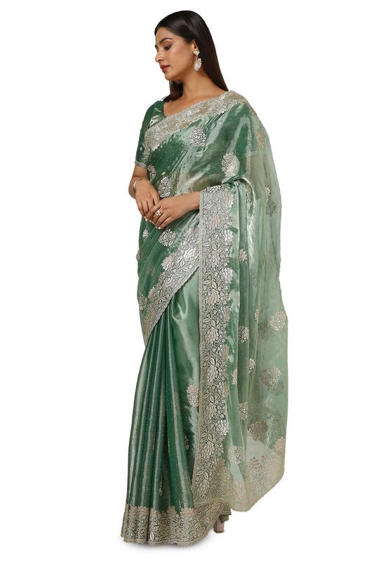 Soch Womens Light Green Organza Embroidered Saree With Stone Work