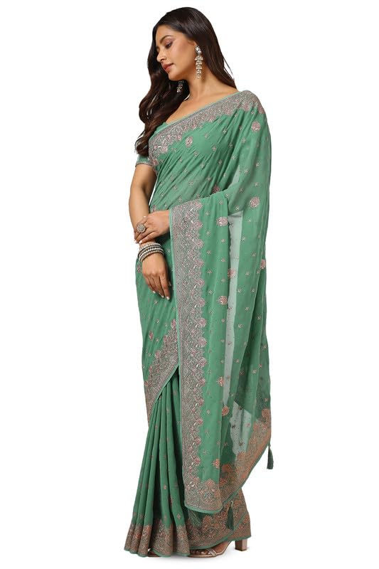 Soch Womens Light Green Georgette Embroidered Saree With Stone Work