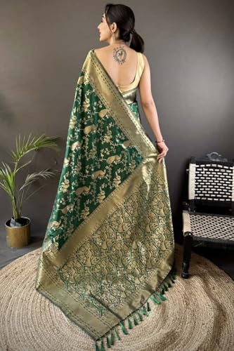 SGF11 Women's Kanjivaram Soft Silk Handloom Saree Golden Zari With Blouse Piece (Green)