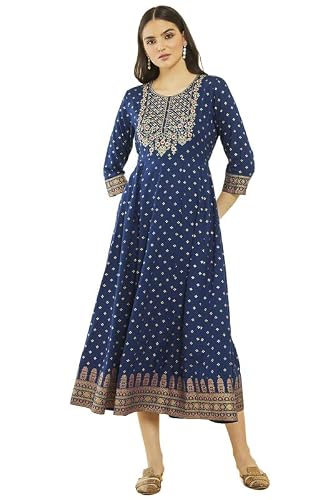 Soch Womens Blue Rayon Floral Embroidered Dress Kurta with Waist Tie-Up