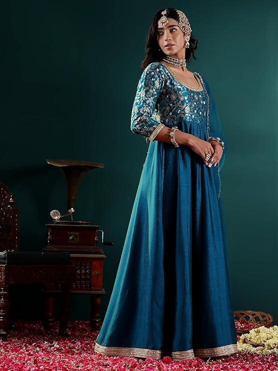 Varanga Women Zari Embroidered A-Line Kurta Set with Bottom & Dupatta – Exquisite Traditional Attire for Festive & Special Occasions