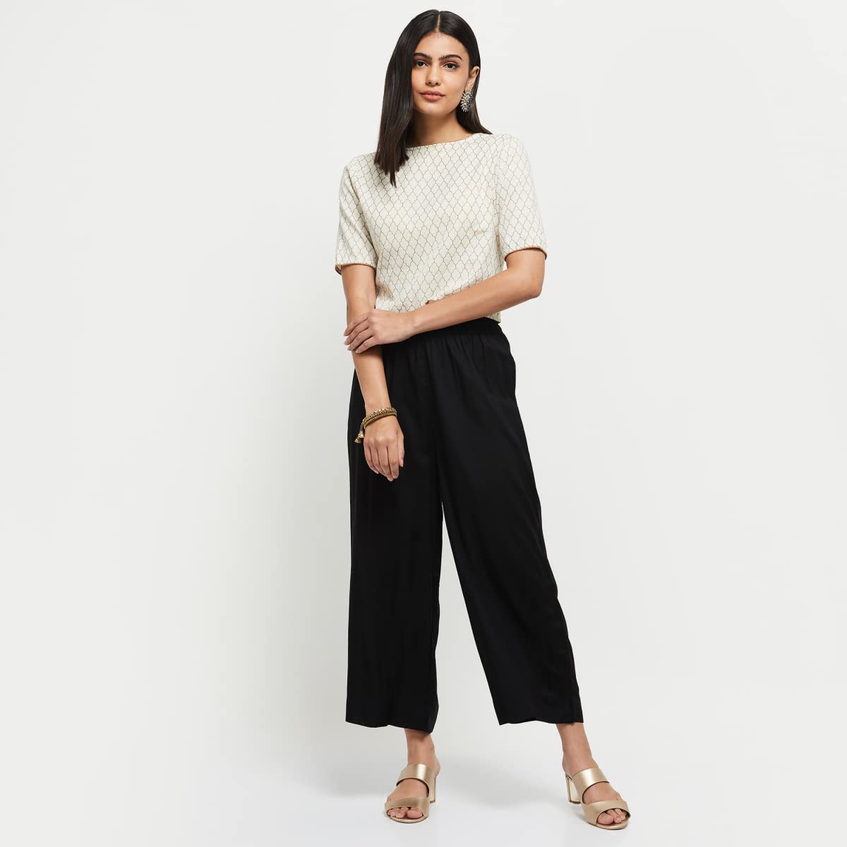 Max Women Solid Elasticated Palazzos (NOOSPL21BL1_Black_L)