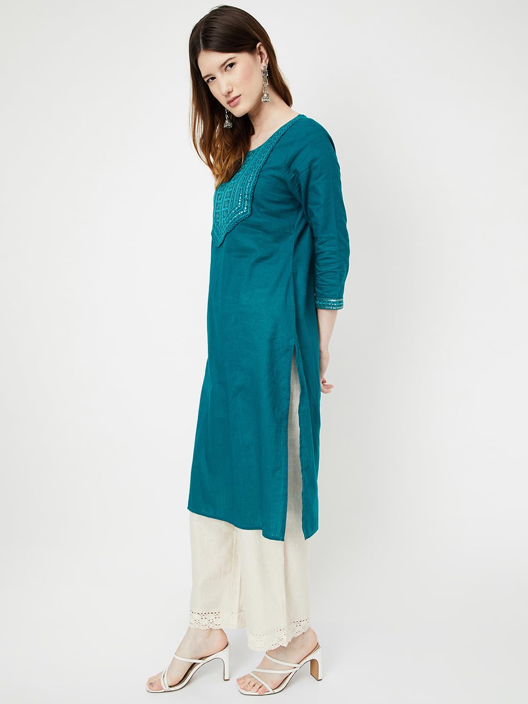 Max Women's Cotton Blend Regular Kurta (MAEKFE24RITEAL_Teal