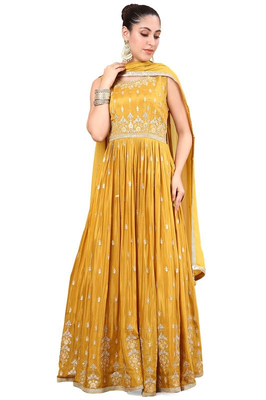 Soch Womens Mustard Zari Embroidery Chinon Ethnic Gown With
