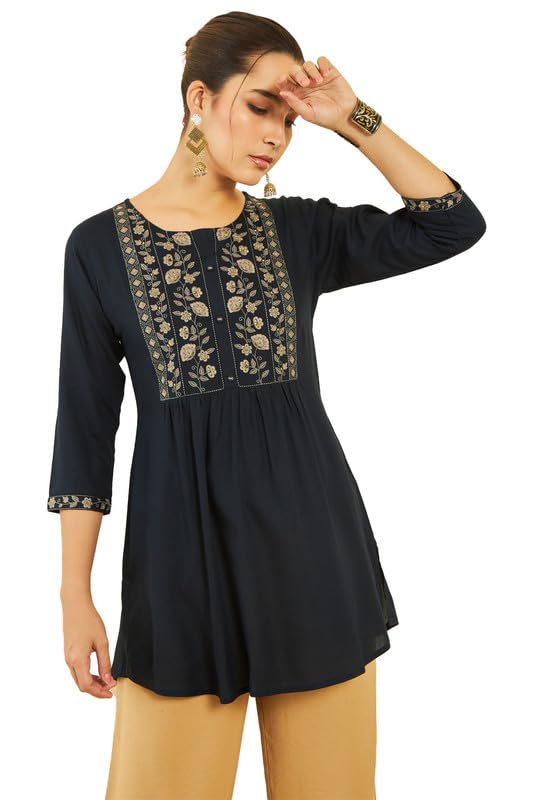 Soch Womens Navy Blue Rayon Floral Embroidered Round-Neck Tunic with Vented Hemline