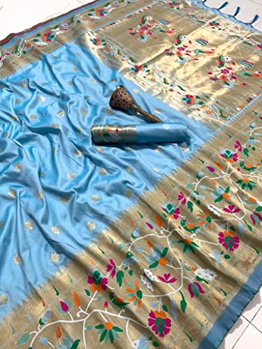 Pandadi Saree Women's Paithani Paithani Silk Saree With Blouse Piece (371PS7_Sky Blue)