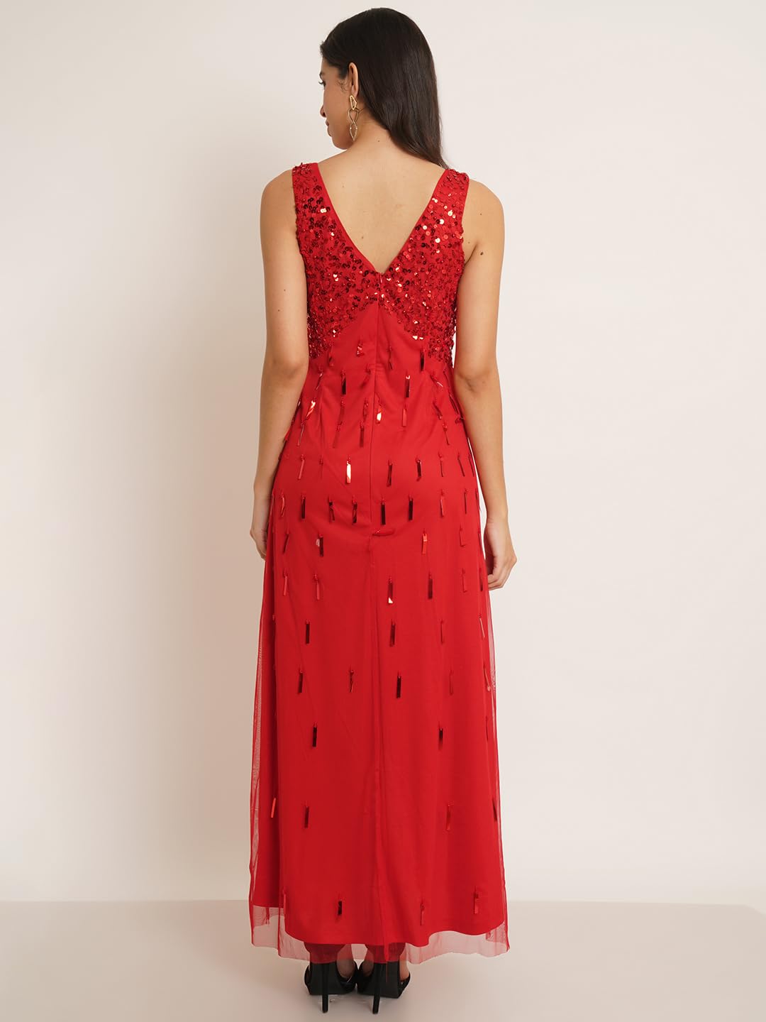 9 Impression Women Embellished V-Neck Maxi Gown (Red; S)
