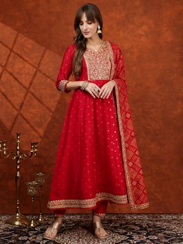 NIVANA Embroidered Anarkali Kurta with Pant & Bandhni Printed Dupatta | XXL | Hot Pink | V-Neck | 3/4 Sleeves