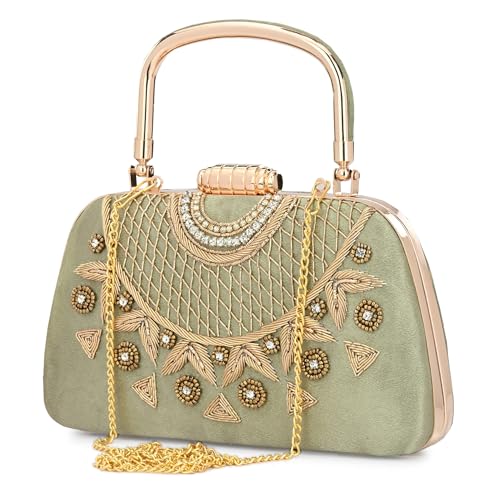For The Beautiful You Embroidered Women's handle Clutch (Green)