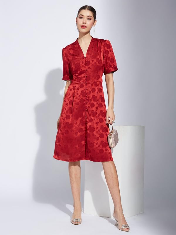 Latin Quarters Women Maroon V-Neck Half Sleeve Printed A-Line Dress_S