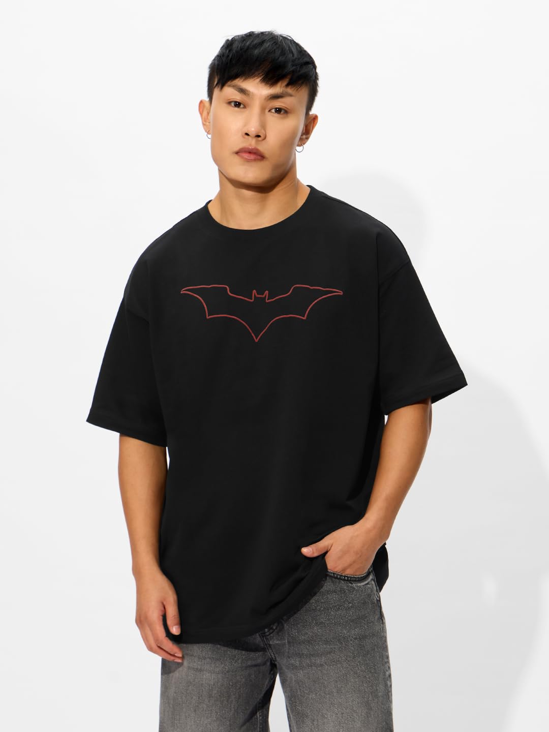 The Souled Store Official Batman Originals: Justice Oversized T-Shirt for Men Boys Cotton Casual Half Sleeves Baggy Loose Fit Drop Shoulder Round Neck Black