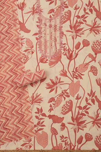 Soch Womens Peach Cotton Botanical Print Unstitch Dress Material With Sequins