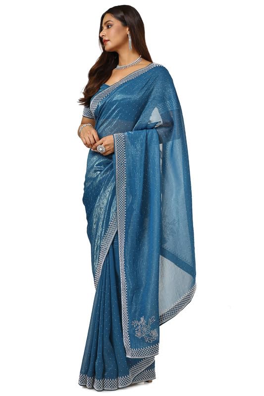 Soch Womens Blue Embellished Organza Saree With Stone Work