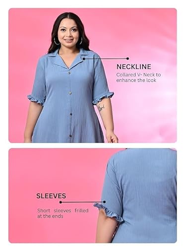 PrettyPlus by Desinoor.com Midi Dress for Women | Stylish Long Women Western Frock | Knee Length Crinkled Midi | Fit & Flare Solid Desk to Dinner Dress | Dresses for Girls | Vacation Outfit Sky Blue