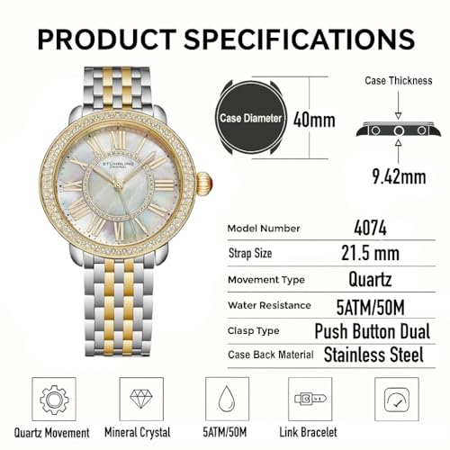 Stuhrling Original Women’s Stainless Steel Watch – Crystal Bezel, Iridescent Mother-of-Pearl Dial, Quartz Movement, Mineral Crystal, Steel Bracelet, 50M Water Resistant, Red Crown, Gold