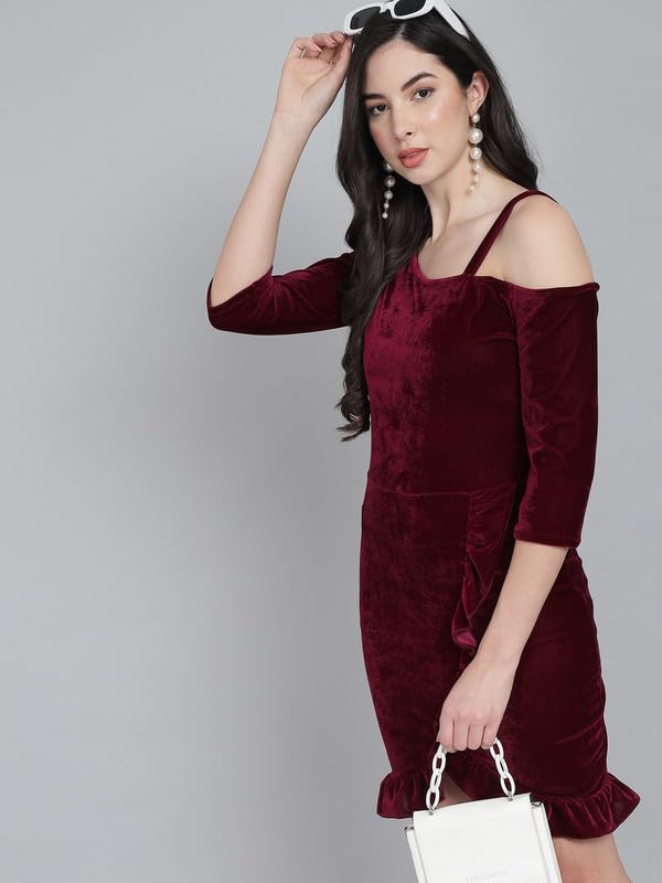 Vaararo Bodycon Party Dress for Women with Hemline Ruffles | One Shoulder Quarter Sleeves Shiny Velvet Outfit Wine X-Small