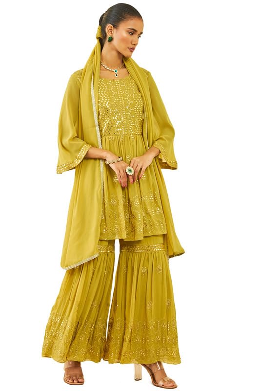 Soch Womens Mustard Georgette Embroidered Sharara Suit Set with Faux Mirror Work
