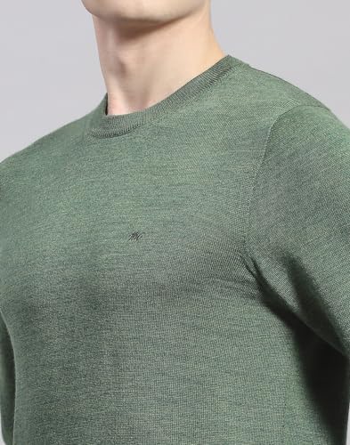 Monte Carlo Mens Green Solid Round Neck Full Sleeve Wool Casual Sweater | Warm Woolen Pullover for Men | Soft Comfortable Knitted Winter Wear Sweater for Men's