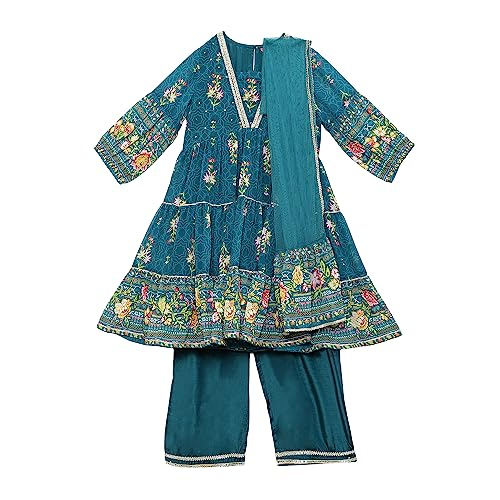 BIBA Girl's Cotton Printed Tired Kurta Kid (Kw5449_Teal_5, Salwar Suit Set)