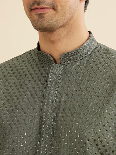 Manyavar Men's Art Silk Embroidery|Sequin Work Kurta Pyjama Set (Olive Green,XXL)