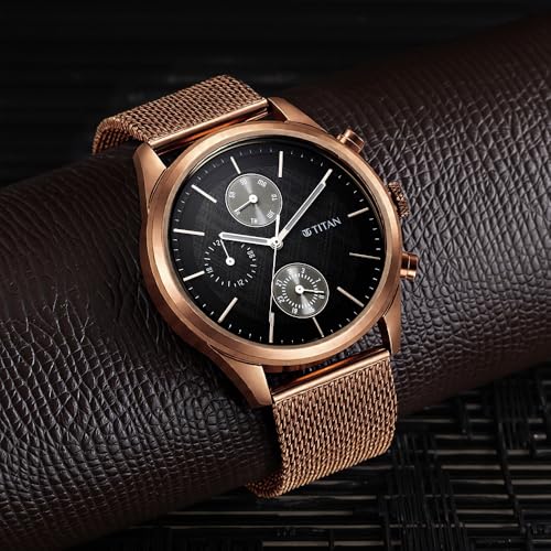 Titan Neo Splash Quartz Analog with Day-Date Black Dial Metallic Brown Stainless Steel Strap Watch for Men - NT1805QM05
