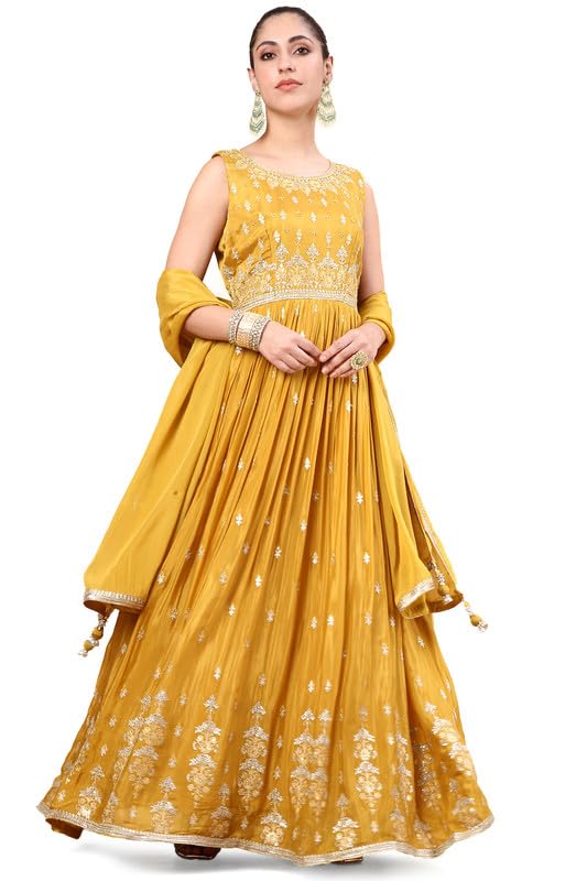 Soch Womens Mustard Zari Embroidery Chinon Ethnic Gown With Cutdana & Beads