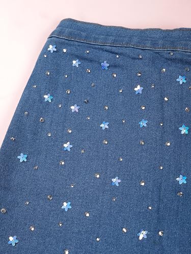 KiddoPanti Girls Denim Over Lap Skort with Flowers and Rhinestones, Md Wash with Flowers and Rhinestones - 12-14Y