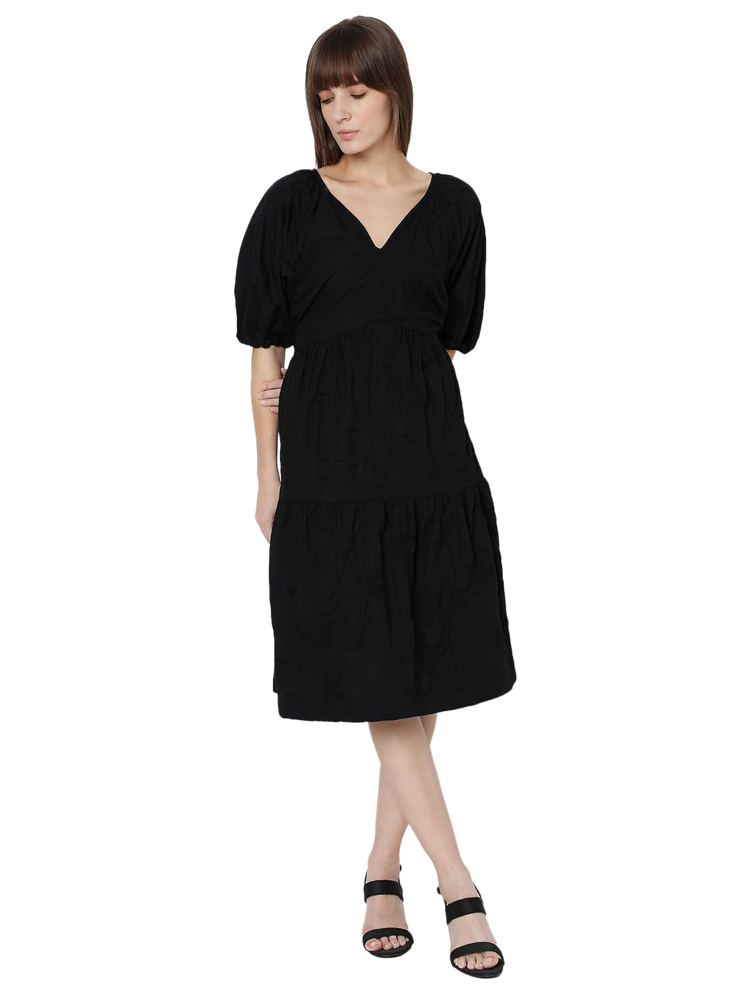 Vero Moda Women's Cotton Blend Fit and Flare Knee-Length Dress (9010103-Jet  Black_Jet
